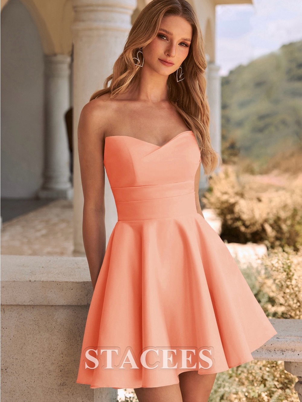 Stacees Coral Strapless Sweetheart Fit & Flare - Homecoming Dress